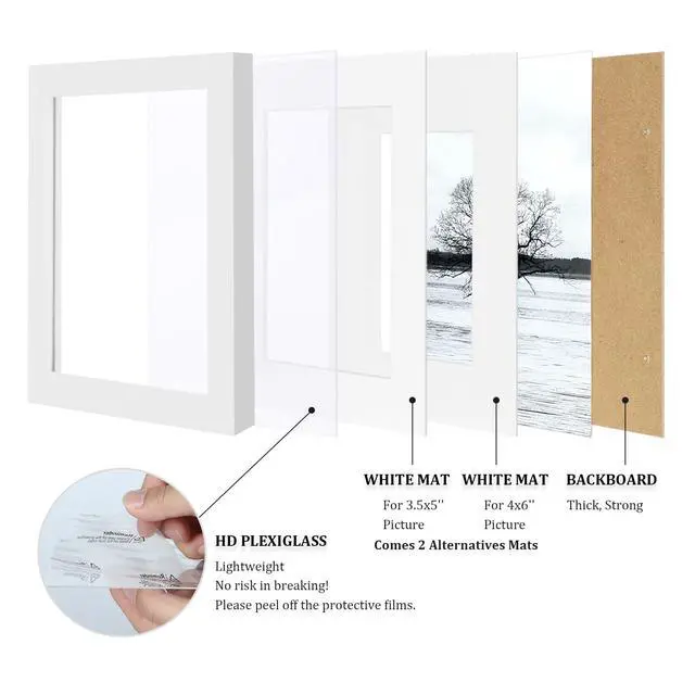 Alt view image 4 of 7 - 5x7 Picture Frames Set of 4, Made of Solid Wood Covered by Plexiglass 3.5x5 and 4x6 with Mat or 5x7 without Mat, for Table Top Display and Wall Mounting Photo Frame White