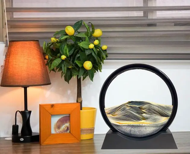 Alt view image 3 of 6 - Moving Sand Art Picture - Sand Art Liquid Motion 3D Deep Sea Sandscape, Round Glass Frame Display Flowing Sand Relaxing Toy for Desktop Home Office Work Ocean Decor(Black, 7")