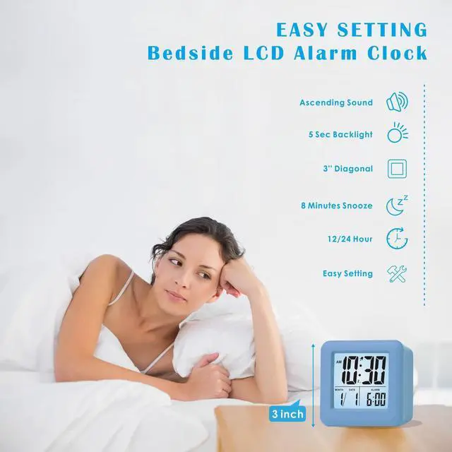 Alt view image 2 of 7 - Digital Alarm Clock Kids Clock with Snooze and White Nightlight - Easy Setting Travel Alarm Clocks Display Time, Date, Alarm - Ascending Sound - Battery Powered (Baby Blue)