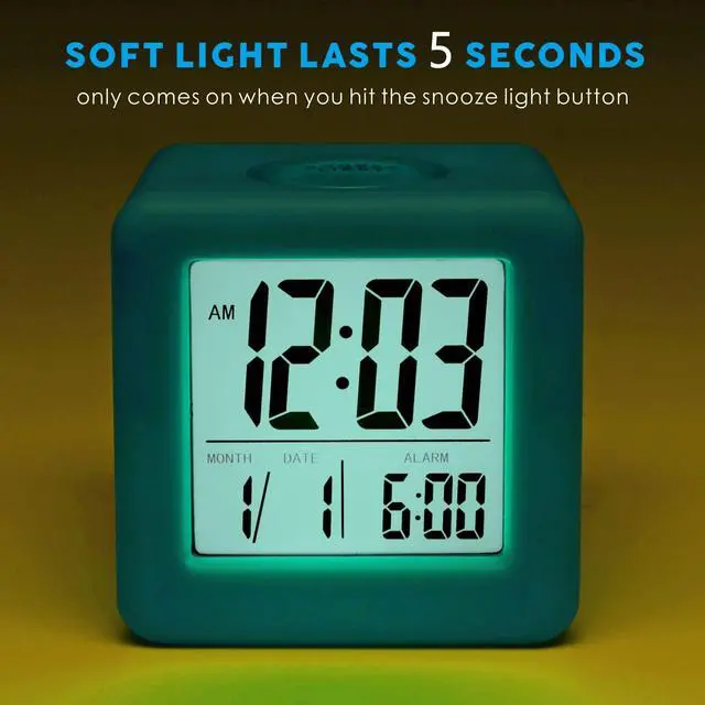 Alt view image 3 of 7 - Digital Alarm Clock Kids Clock with Snooze and White Nightlight - Easy Setting Travel Alarm Clocks Display Time, Date, Alarm - Ascending Sound - Battery Powered (Baby Blue)