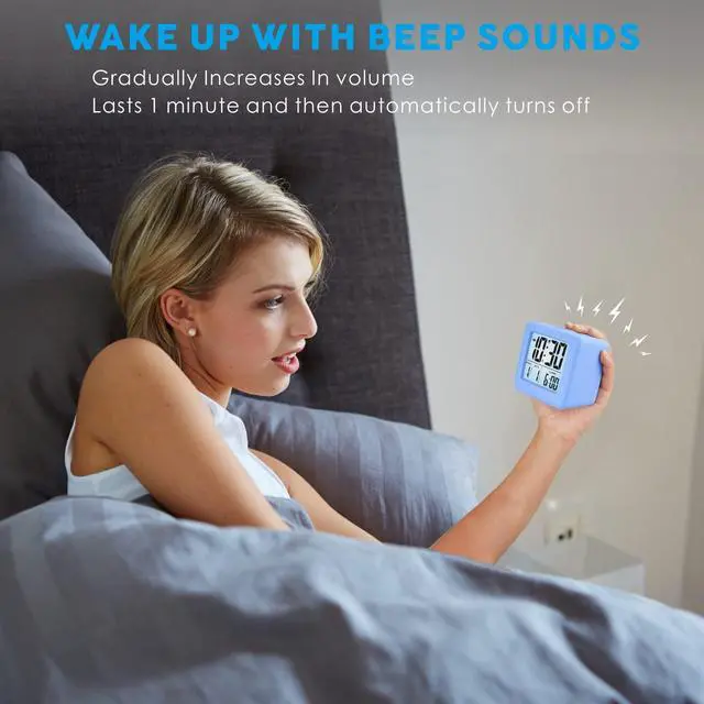 Alt view image 4 of 7 - Digital Alarm Clock Kids Clock with Snooze and White Nightlight - Easy Setting Travel Alarm Clocks Display Time, Date, Alarm - Ascending Sound - Battery Powered (Baby Blue)