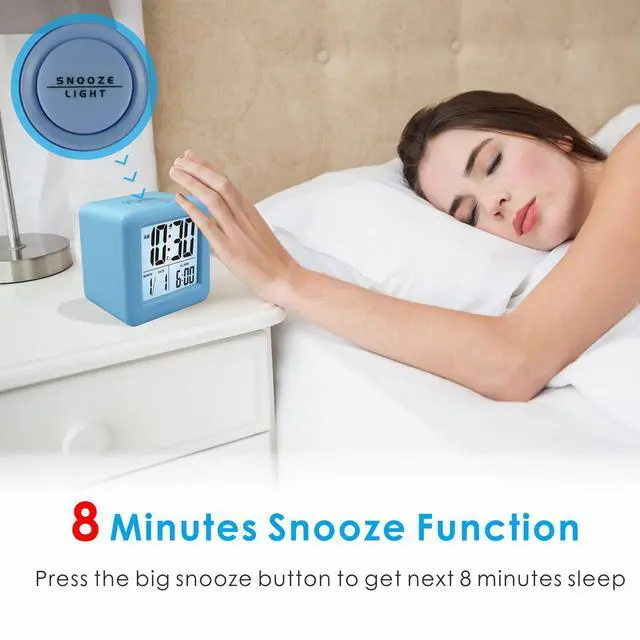 Alt view image 5 of 7 - Digital Alarm Clock Kids Clock with Snooze and White Nightlight - Easy Setting Travel Alarm Clocks Display Time, Date, Alarm - Ascending Sound - Battery Powered (Baby Blue)