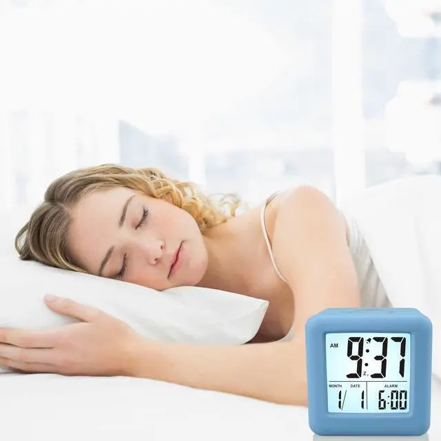 Alt view image 7 of 7 - Digital Alarm Clock Kids Clock with Snooze and White Nightlight - Easy Setting Travel Alarm Clocks Display Time, Date, Alarm - Ascending Sound - Battery Powered (Baby Blue)