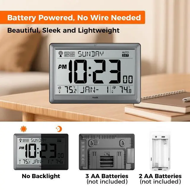 Alt view image 3 of 7 - Wall Clock Atomic with Indoor Outdoor Temperature Battery Powered, Easy Reading with 10.5 Inch LCD Display, 330FT Range Table Wall Clock with DST, 12/24 Hour for Living Room Kitchen (Silver)