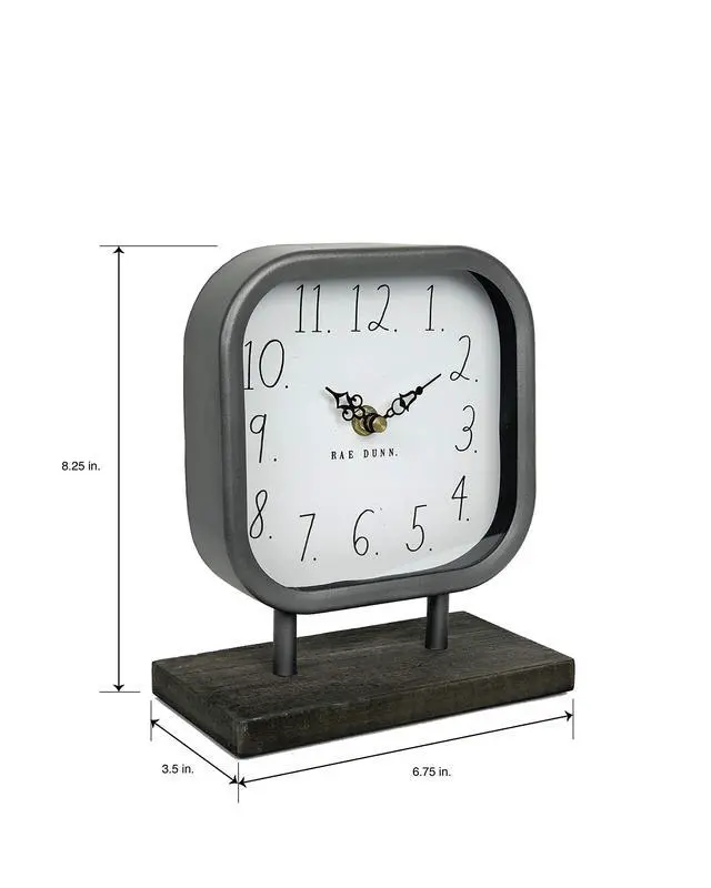 Alt view image 2 of 5 - Desk Clock - Battery Operated Modern Metal Rustic Design with Wooden Base for Bedroom, Office, Kitchen - Small Classic Analog Display - Chic Home Décor for Desktop Table, Countertop