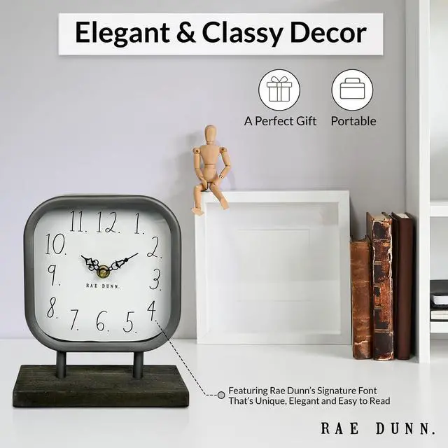 Alt view image 4 of 5 - Desk Clock - Battery Operated Modern Metal Rustic Design with Wooden Base for Bedroom, Office, Kitchen - Small Classic Analog Display - Chic Home Décor for Desktop Table, Countertop