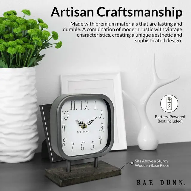 Alt view image 5 of 5 - Desk Clock - Battery Operated Modern Metal Rustic Design with Wooden Base for Bedroom, Office, Kitchen - Small Classic Analog Display - Chic Home Décor for Desktop Table, Countertop