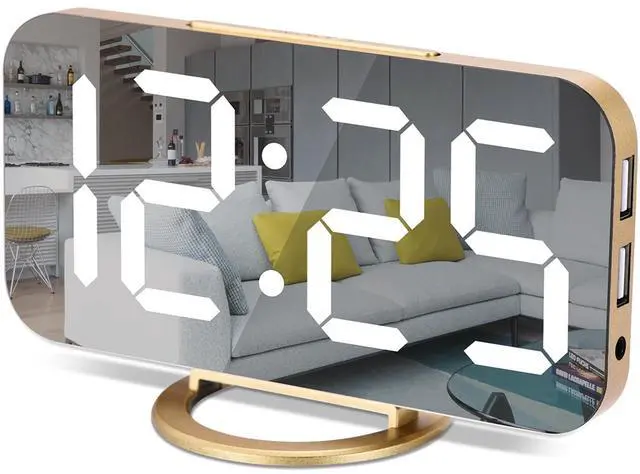 Main image of Digital Alarm Clock,7 in LED Mirrored Clocks Large Display,with 2 USB Charger Ports,Auto Dim,Night Mode,Modern Desktop Electronic Clocks for Bedroom Home Office Decor - Gold