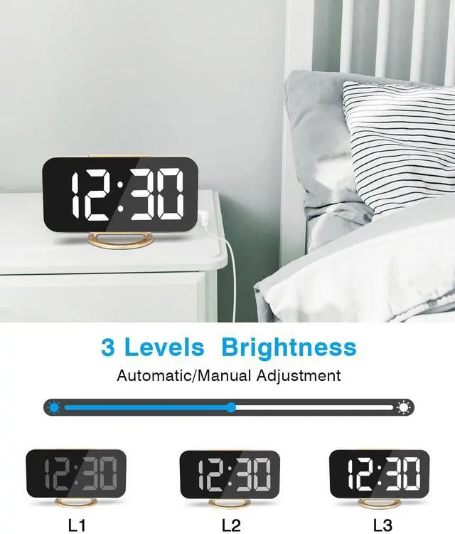 Alt view image 5 of 7 - Digital Alarm Clock,7 in LED Mirrored Clocks Large Display,with 2 USB Charger Ports,Auto Dim,Night Mode,Modern Desktop Electronic Clocks for Bedroom Home Office Decor - Gold