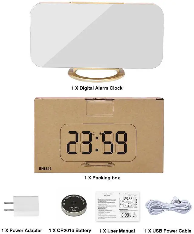 Alt view image 6 of 7 - Digital Alarm Clock,7 in LED Mirrored Clocks Large Display,with 2 USB Charger Ports,Auto Dim,Night Mode,Modern Desktop Electronic Clocks for Bedroom Home Office Decor - Gold