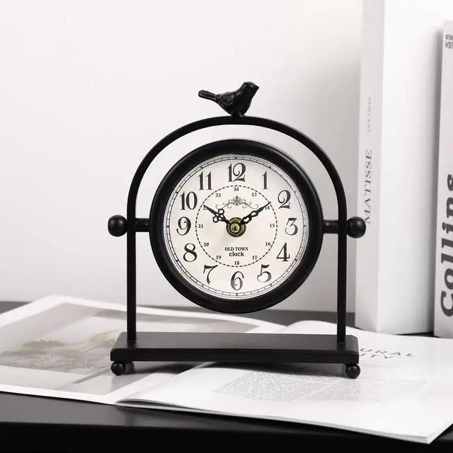 Alt view image 2 of 7 - Vintage Farmhouse Table Clock with Bird Topper, Silent Non-Ticking Mantel Clock with Closable Back Cover, Black Iron Decorative Desk Clock for Living Room, Fireplace Mantel & Bedroom, 8 Inch