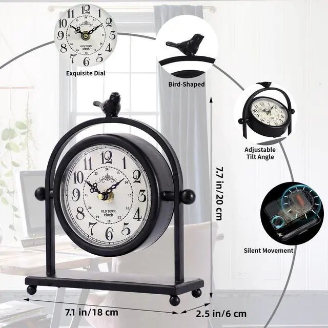 Alt view image 3 of 7 - Vintage Farmhouse Table Clock with Bird Topper, Silent Non-Ticking Mantel Clock with Closable Back Cover, Black Iron Decorative Desk Clock for Living Room, Fireplace Mantel & Bedroom, 8 Inch