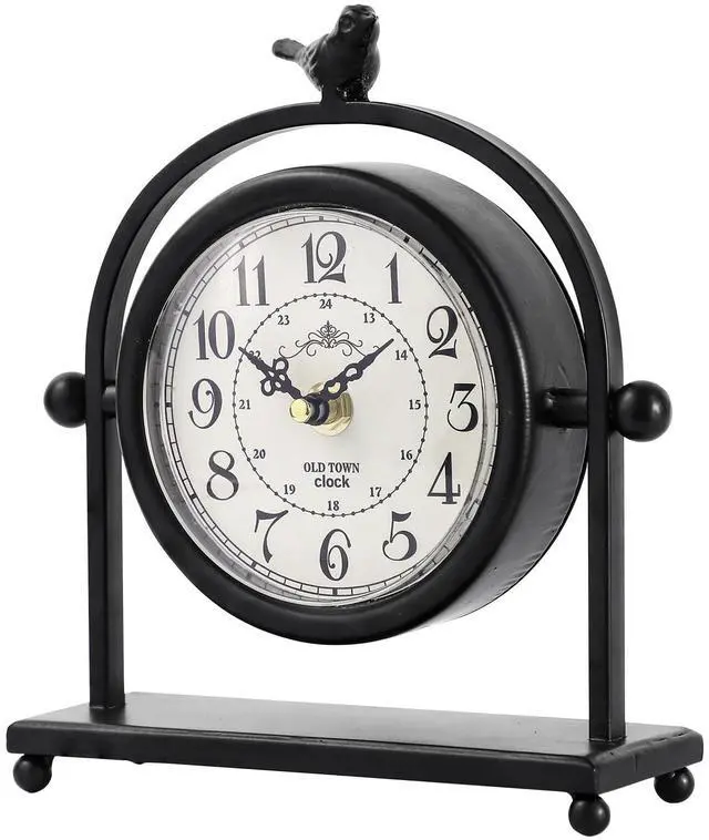 Main image of Vintage Farmhouse Table Clock with Bird Topper, Silent Non-Ticking Mantel Clock with Closable Back Cover, Black Iron Decorative Desk Clock for Living Room, Fireplace Mantel & Bedroom, 8 Inch