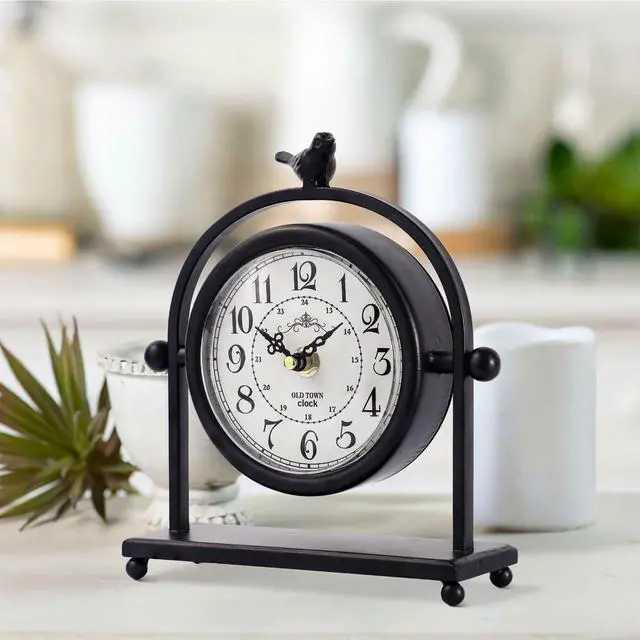Alt view image 6 of 7 - Vintage Farmhouse Table Clock with Bird Topper, Silent Non-Ticking Mantel Clock with Closable Back Cover, Black Iron Decorative Desk Clock for Living Room, Fireplace Mantel & Bedroom, 8 Inch