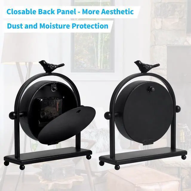 Alt view image 4 of 7 - Vintage Farmhouse Table Clock with Bird Topper, Silent Non-Ticking Mantel Clock with Closable Back Cover, Black Iron Decorative Desk Clock for Living Room, Fireplace Mantel & Bedroom, 8 Inch