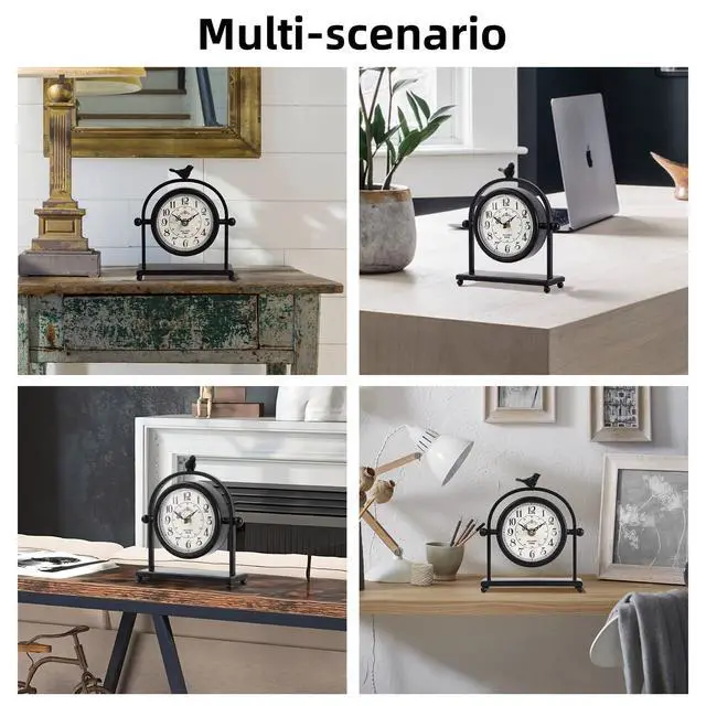 Alt view image 7 of 7 - Vintage Farmhouse Table Clock with Bird Topper, Silent Non-Ticking Mantel Clock with Closable Back Cover, Black Iron Decorative Desk Clock for Living Room, Fireplace Mantel & Bedroom, 8 Inch