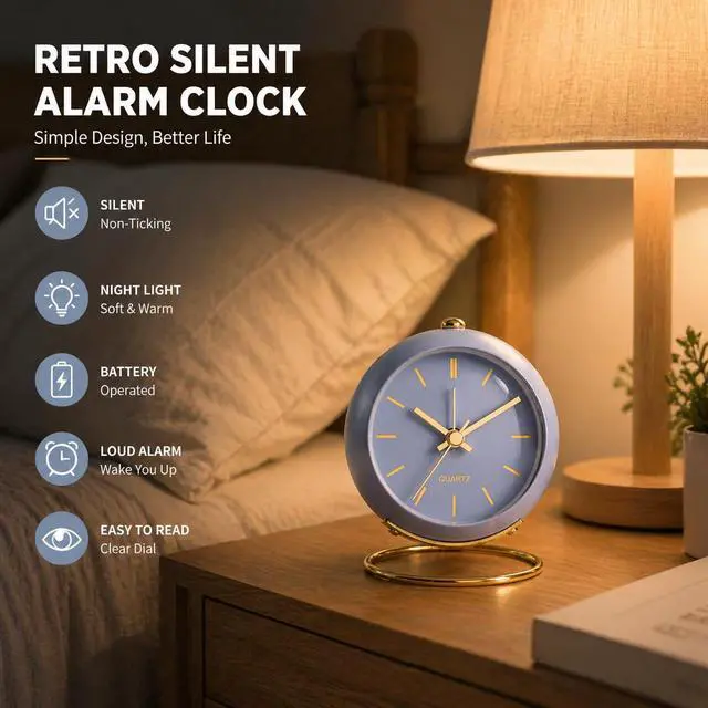 Alt view image 2 of 6 - Battery Operated Desk Alarm Clocks with Light,Retro Silent No Ticking Analog Small Clock,Loud Table Clock for Bedside/Bedroom/Kitchen/Office/Travel/Kids/Room Decor Aesthetic Vintage (Blue)