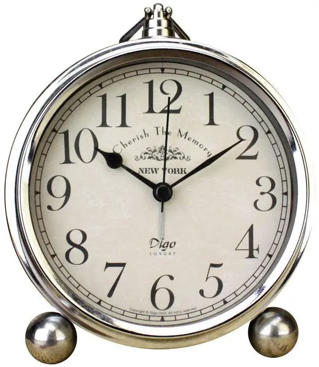 Main image of Vintage Table Clock, Iron European Style Desk Clock Battery Operated Non-Ticking Mantle Clock for Home Decor (Silver)