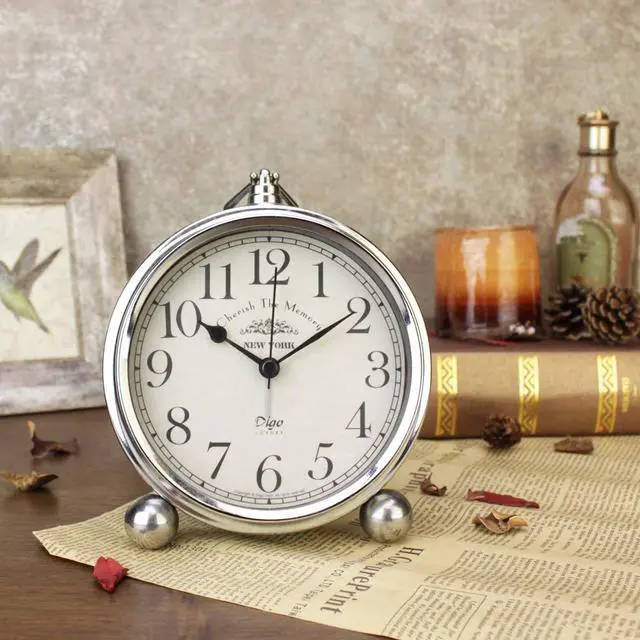 Alt view image 2 of 7 - Vintage Table Clock, Iron European Style Desk Clock Battery Operated Non-Ticking Mantle Clock for Home Decor (Silver)
