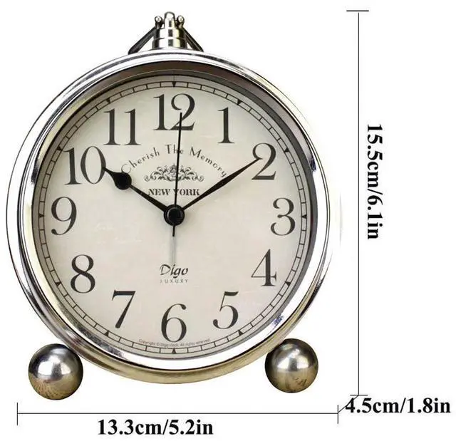 Alt view image 5 of 7 - Vintage Table Clock, Iron European Style Desk Clock Battery Operated Non-Ticking Mantle Clock for Home Decor (Silver)