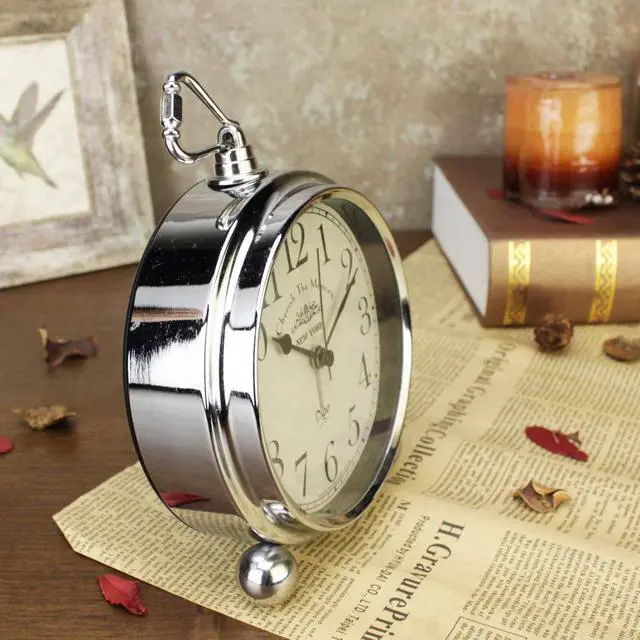 Alt view image 3 of 7 - Vintage Table Clock, Iron European Style Desk Clock Battery Operated Non-Ticking Mantle Clock for Home Decor (Silver)