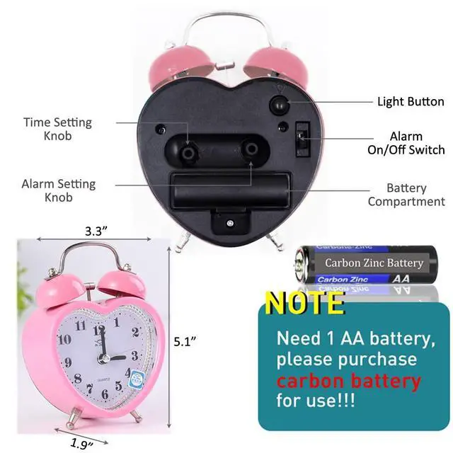 Alt view image 4 of 7 - 3 Inches Cute Twin Bell Loud Alarm Clock Silent Analog Quartz Nightlight Tableclock Battery Operated for Kids, Seniors, Heavy Sleepers, Decorations for Bedroom, Living Room (Pink)