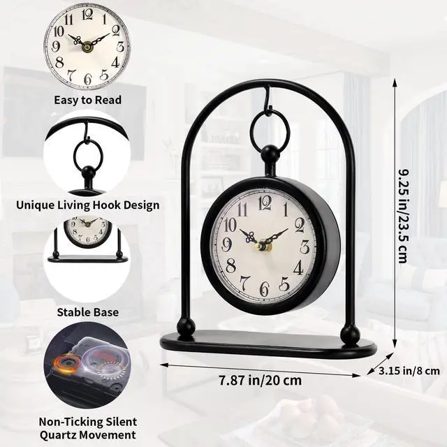 Alt view image 2 of 7 - Vintage Metal Table Clock, Farmhouse Table Clock, Small Black Silent Non-Ticking Battery Operated Desk and Shelf Clocks for Home Kitchen Living Room Bedroom Decor