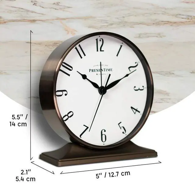 Alt view image 7 of 7 - Co Lewis Mantel Alarm Clock, Desk and Shelf Clock, Tabletop Decoration, 5.5 x 5 inch, Silent no Ticking, Metal Base, Bronze Finish, Arabic Numeral