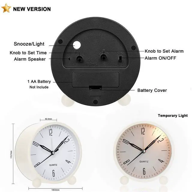 Alt view image 7 of 7 - Analog Alarm Clock, 4 inch Super Silent Non Ticking Small Clock with Night Light, Battery Operated, Simply Design, for Bedroom, Bedside, Desk