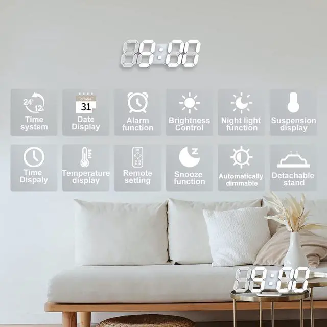 Alt view image 2 of 7 - LED Clock, 3D Digital Wall & Desk Alarm Clock with Snooze, Dimmable Display, Time Memory, 12/24H Date & Temperature, Remote Control Night Light for Bedroom, Office, Kitchen, Home (White)
