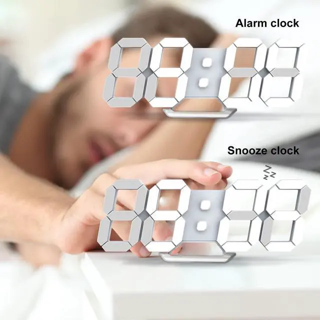 Alt view image 4 of 7 - LED Clock, 3D Digital Wall & Desk Alarm Clock with Snooze, Dimmable Display, Time Memory, 12/24H Date & Temperature, Remote Control Night Light for Bedroom, Office, Kitchen, Home (White)