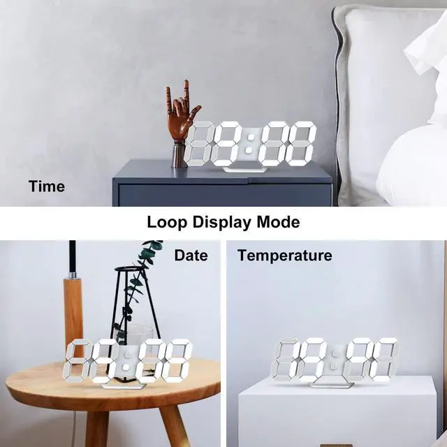Alt view image 3 of 7 - LED Clock, 3D Digital Wall & Desk Alarm Clock with Snooze, Dimmable Display, Time Memory, 12/24H Date & Temperature, Remote Control Night Light for Bedroom, Office, Kitchen, Home (White)