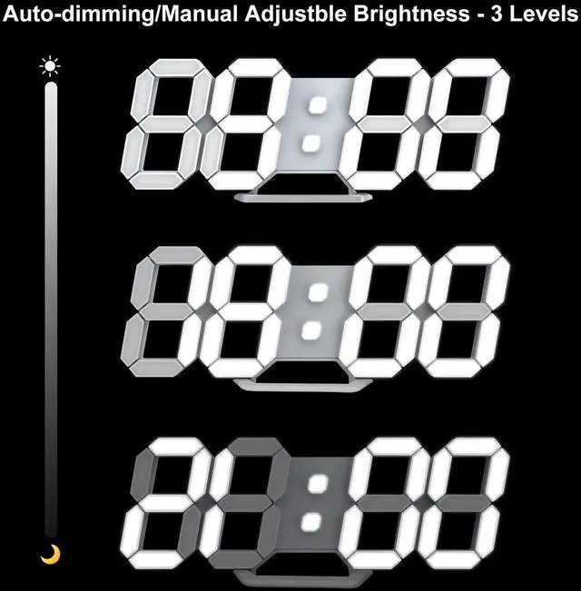 Alt view image 5 of 7 - LED Clock, 3D Digital Wall & Desk Alarm Clock with Snooze, Dimmable Display, Time Memory, 12/24H Date & Temperature, Remote Control Night Light for Bedroom, Office, Kitchen, Home (White)