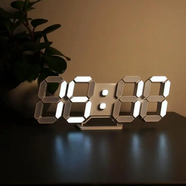 Alt view image 6 of 7 - LED Clock, 3D Digital Wall & Desk Alarm Clock with Snooze, Dimmable Display, Time Memory, 12/24H Date & Temperature, Remote Control Night Light for Bedroom, Office, Kitchen, Home (White)
