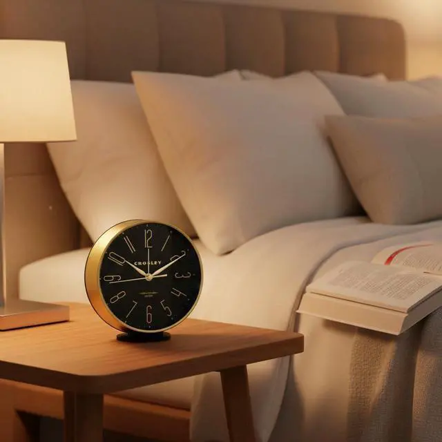 Alt view image 7 of 7 - Crosley Modern Art Deco Alarm Clock for Office, Bedroom, or Desk Analog Non-Ticking Clock with Easy-to-Read Dial, Gold Metal Frame & Black Face (6-Inch)