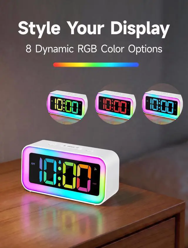 Alt view image 3 of 6 - Loud Alarm Clock for Bedrooms with Dynamic RGB Night Light,Heavy Sleepers Adults,Dual Alarm,Dimmer,USB Charger,Small Bedside Digital Clock with Led Display for Kids,Teens,Seniors (White)