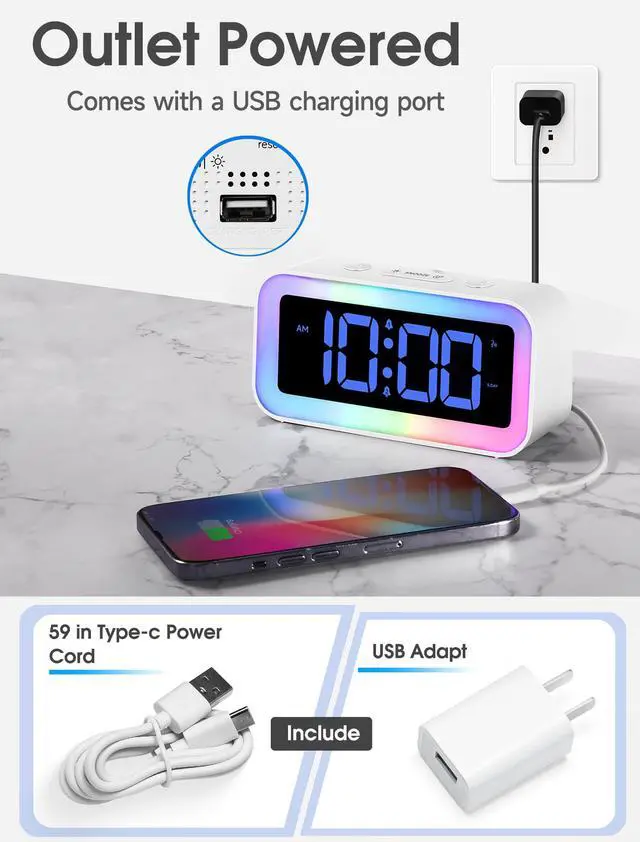 Alt view image 6 of 6 - Loud Alarm Clock for Bedrooms with Dynamic RGB Night Light,Heavy Sleepers Adults,Dual Alarm,Dimmer,USB Charger,Small Bedside Digital Clock with Led Display for Kids,Teens,Seniors (White)