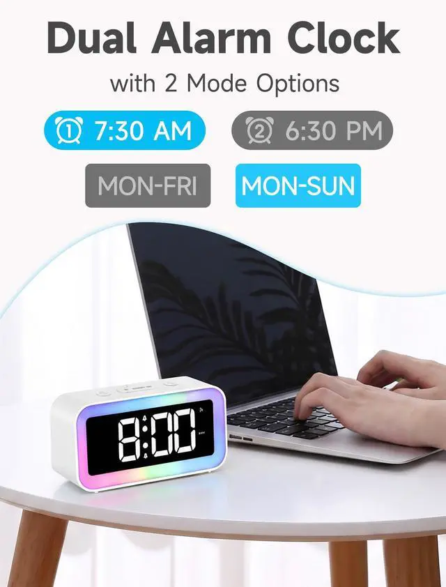 Alt view image 4 of 6 - Loud Alarm Clock for Bedrooms with Dynamic RGB Night Light,Heavy Sleepers Adults,Dual Alarm,Dimmer,USB Charger,Small Bedside Digital Clock with Led Display for Kids,Teens,Seniors (White)