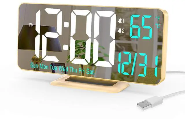 Main image of Dual Alarm Clock 6.7in Gold Desk Clock with Dimming, 12/24h, Seconds, Date, Day of Week, Temp, Digital LED Clock for Bedroom, Digital Calendar Clocks for Living Room Gold Desk Accessories