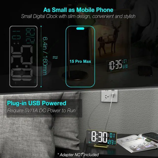 Alt view image 2 of 6 - Dual Alarm Clock 6.7in Gold Desk Clock with Dimming, 12/24h, Seconds, Date, Day of Week, Temp, Digital LED Clock for Bedroom, Digital Calendar Clocks for Living Room Gold Desk Accessories