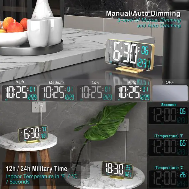 Alt view image 3 of 6 - Dual Alarm Clock 6.7in Gold Desk Clock with Dimming, 12/24h, Seconds, Date, Day of Week, Temp, Digital LED Clock for Bedroom, Digital Calendar Clocks for Living Room Gold Desk Accessories