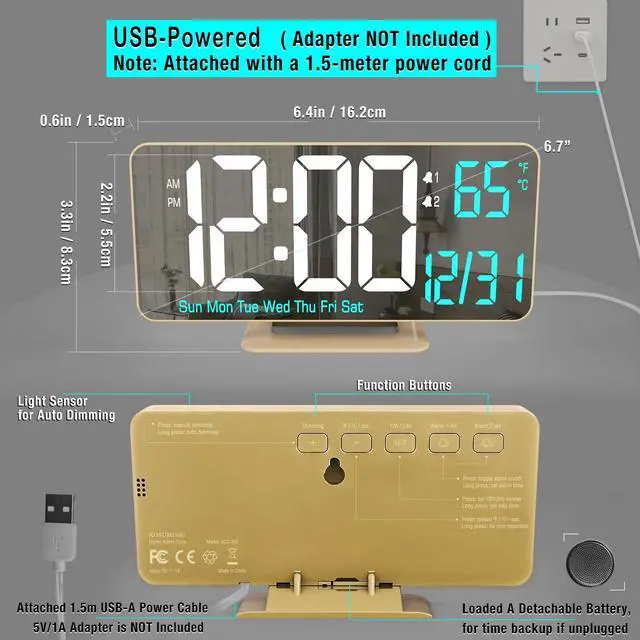 Alt view image 5 of 6 - Dual Alarm Clock 6.7in Gold Desk Clock with Dimming, 12/24h, Seconds, Date, Day of Week, Temp, Digital LED Clock for Bedroom, Digital Calendar Clocks for Living Room Gold Desk Accessories