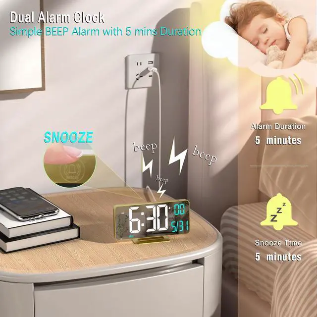 Alt view image 6 of 6 - Dual Alarm Clock 6.7in Gold Desk Clock with Dimming, 12/24h, Seconds, Date, Day of Week, Temp, Digital LED Clock for Bedroom, Digital Calendar Clocks for Living Room Gold Desk Accessories