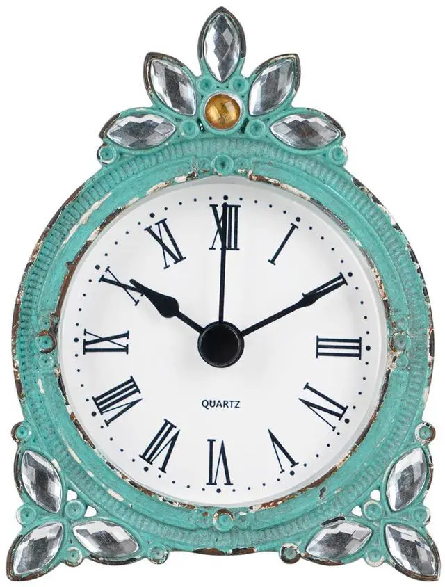 Main image of Vintage Pewter Quartz Mini Table Clock with Crystal Shining Rhinestone, 2.87 x 1.37 x 3.87 Inches, Aqua