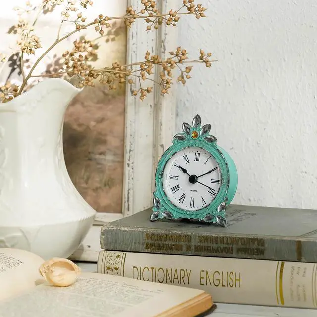 Alt view image 2 of 7 - Vintage Pewter Quartz Mini Table Clock with Crystal Shining Rhinestone, 2.87 x 1.37 x 3.87 Inches, Aqua