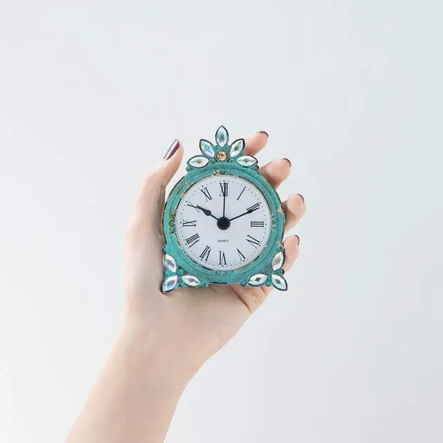 Alt view image 3 of 7 - Vintage Pewter Quartz Mini Table Clock with Crystal Shining Rhinestone, 2.87 x 1.37 x 3.87 Inches, Aqua