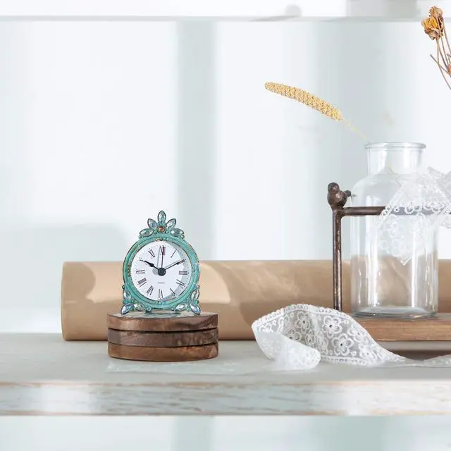 Alt view image 4 of 7 - Vintage Pewter Quartz Mini Table Clock with Crystal Shining Rhinestone, 2.87 x 1.37 x 3.87 Inches, Aqua