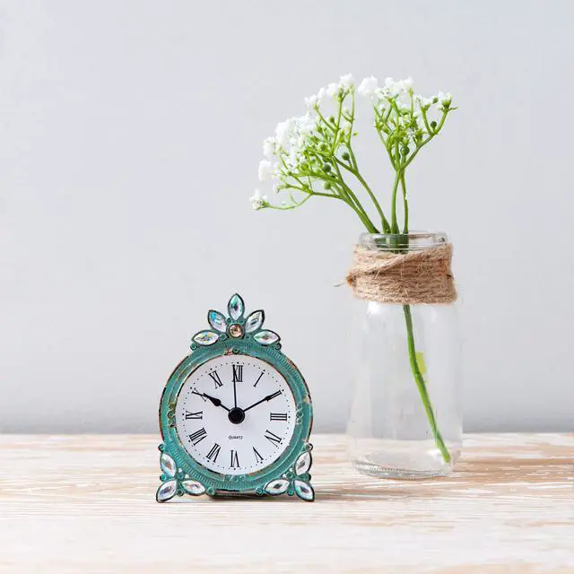 Alt view image 5 of 7 - Vintage Pewter Quartz Mini Table Clock with Crystal Shining Rhinestone, 2.87 x 1.37 x 3.87 Inches, Aqua