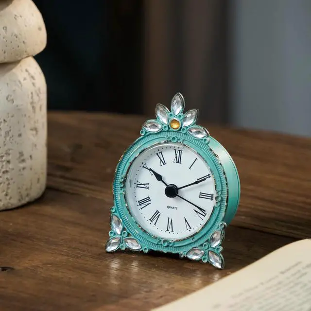 Alt view image 6 of 7 - Vintage Pewter Quartz Mini Table Clock with Crystal Shining Rhinestone, 2.87 x 1.37 x 3.87 Inches, Aqua