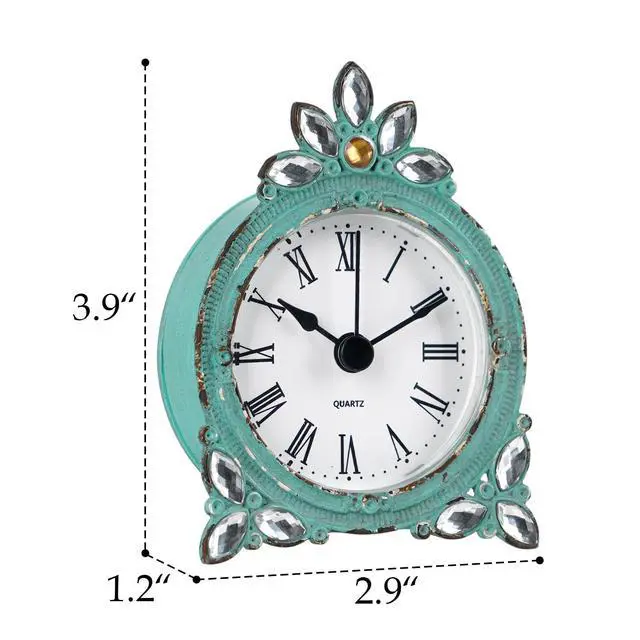 Alt view image 7 of 7 - Vintage Pewter Quartz Mini Table Clock with Crystal Shining Rhinestone, 2.87 x 1.37 x 3.87 Inches, Aqua